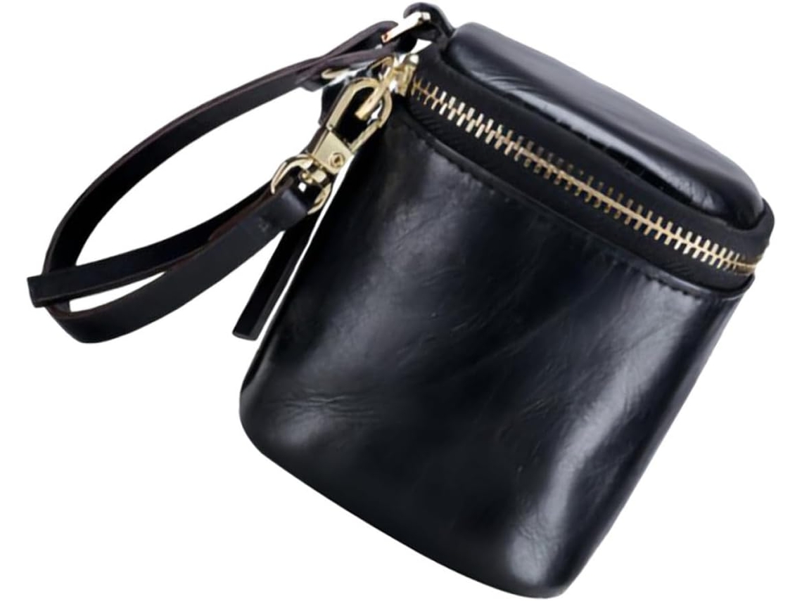Mini Couro Necessaire Preta Com Cordão, Bolsa Pequena Para Itens de Higiene Pessoal.