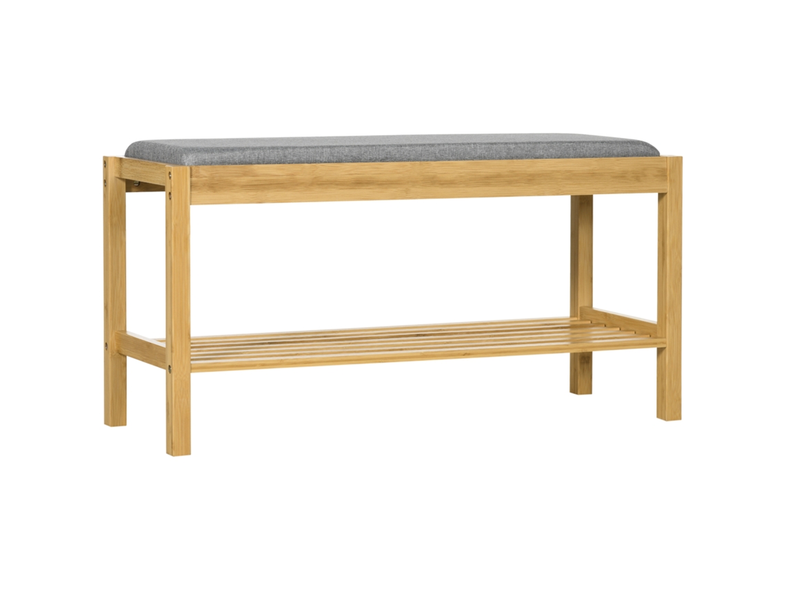 Banco de Bambu Natural com assento estofado, prateleira para sapatos, ripas, 90x30x46cm | S/MARCA