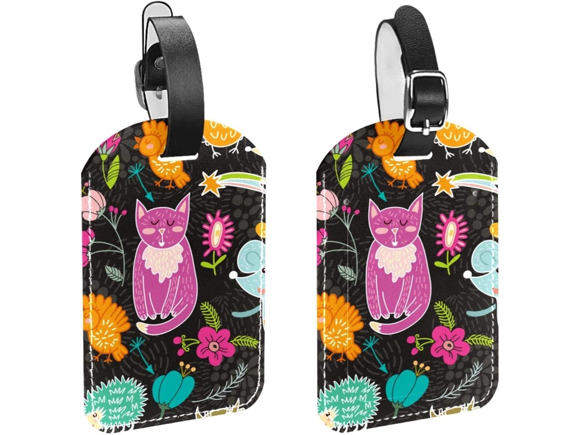 Conjunto De 2 Etiquetas Bagagem Em Imitação Couro Com Estampa Gato, Rato E Ouriço