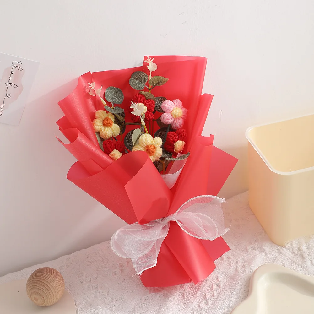 (vermelho) Buquê De Flores Artificiais De Crochê, Buquê Colorido Tecido À Mão, Presente Para O Dia Dos Namorados