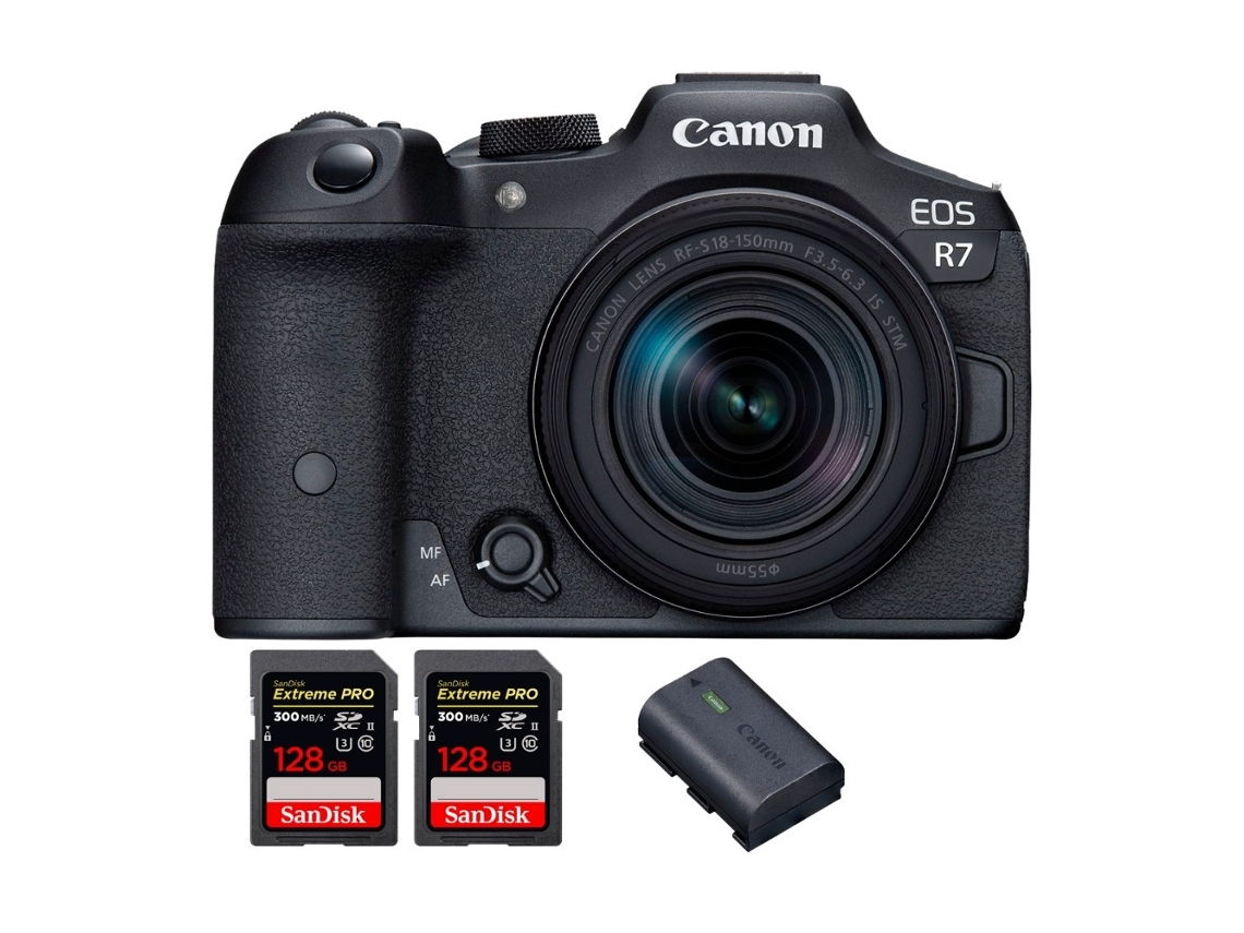 Eos R7 + Rf S 18 150mm Stm + 2 Sandisk 128gb Uhs ii 300mb/s + 1 Canon Lp e6nh Máquina Fotográfica Híbrida + Ebook Pricedirect CANON