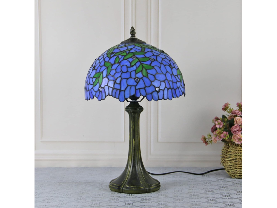 Abajur De Mesa Estilo Tiffany Com Glicínias, 45cm De Altura Abajur Cabeceira Com Vidro Azulado E Folhas Verdes Mesa