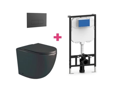 Conjunto de vaso sanitário suspenso de cerâmica Genova preto fosco Aquore com cisterna retangular preta e botão de descarga