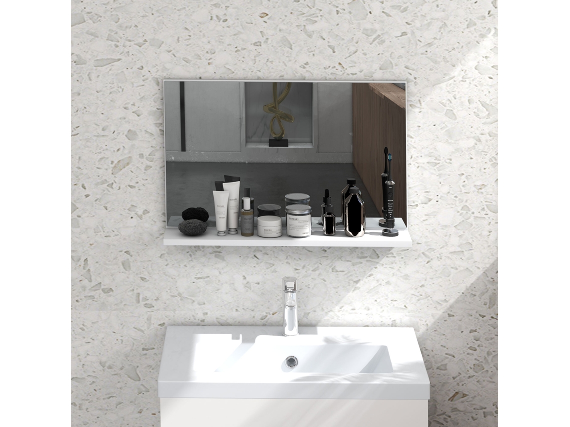 Espelho De Banheiro Parede Com Prateleira Design Moderno E Multiuso, 60x12x40 Cm, Branco
