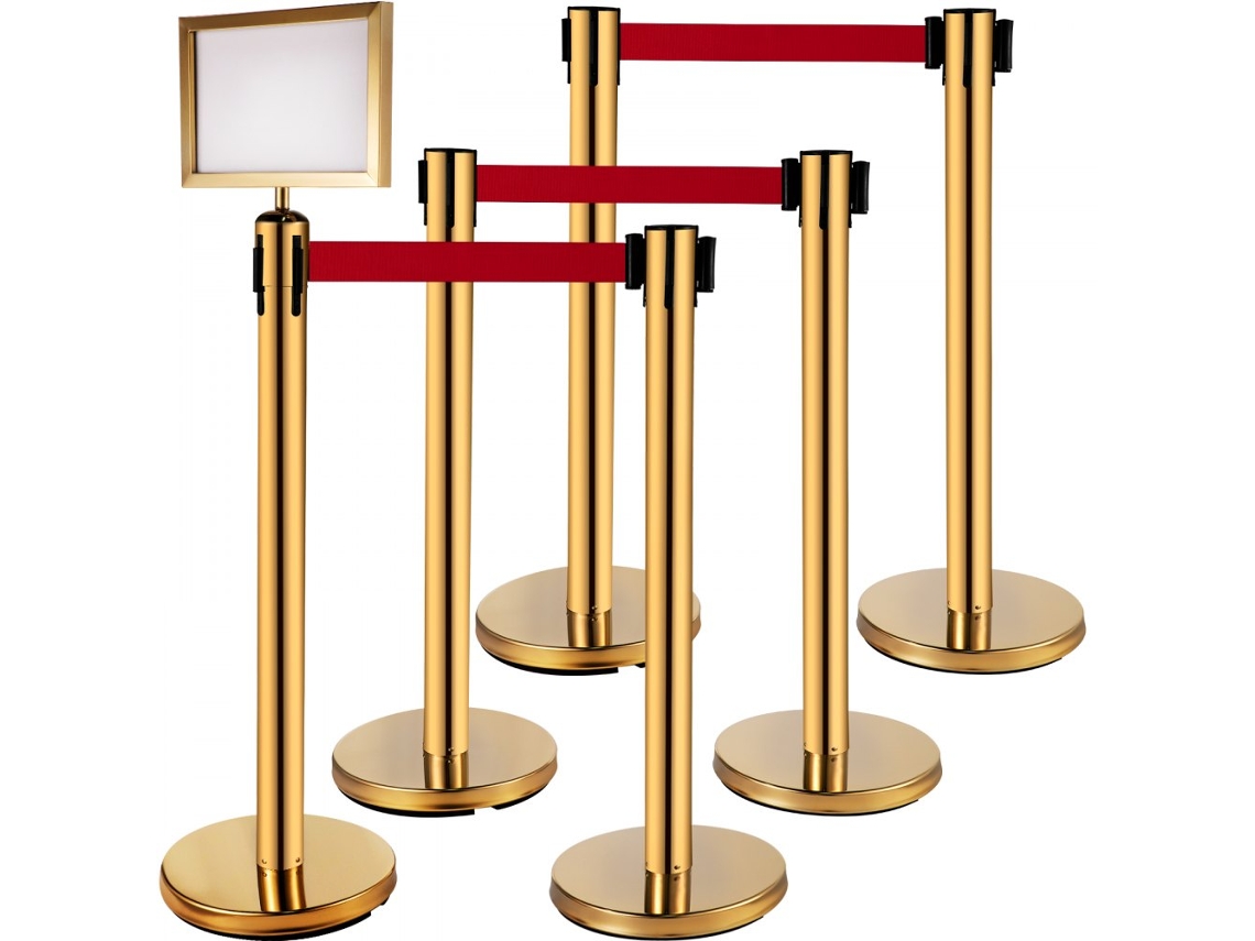 Postes De Delimitação Em Aço Inox Dourado Com Faixa Retrátil Vermelha Tekmaquinas