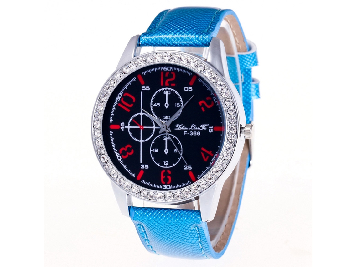 Relógio Zhoulianfa Azul Quartz Cronógrafo com Cristais e Strass, Pulseira Casual de Couro