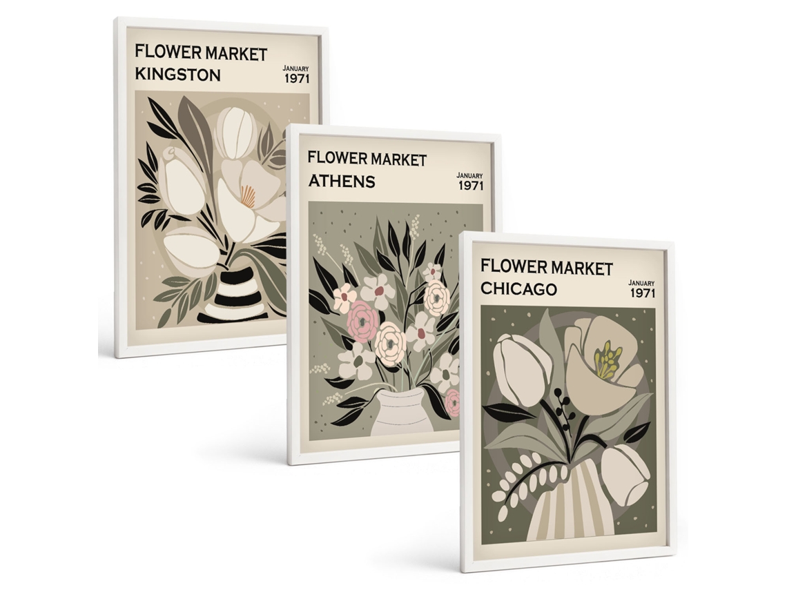 Conjunto De Pinturas Composições Florais Retrô Espelharte (3 Peças 40x60 Cm)