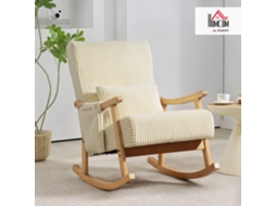 Poltrona De Amamentação Bege 65x90x98 Cm Em Veludo Cotelê, Com Balanço Moderno, Apoio De Braços, Almofada Lombar E Bolso Lateral