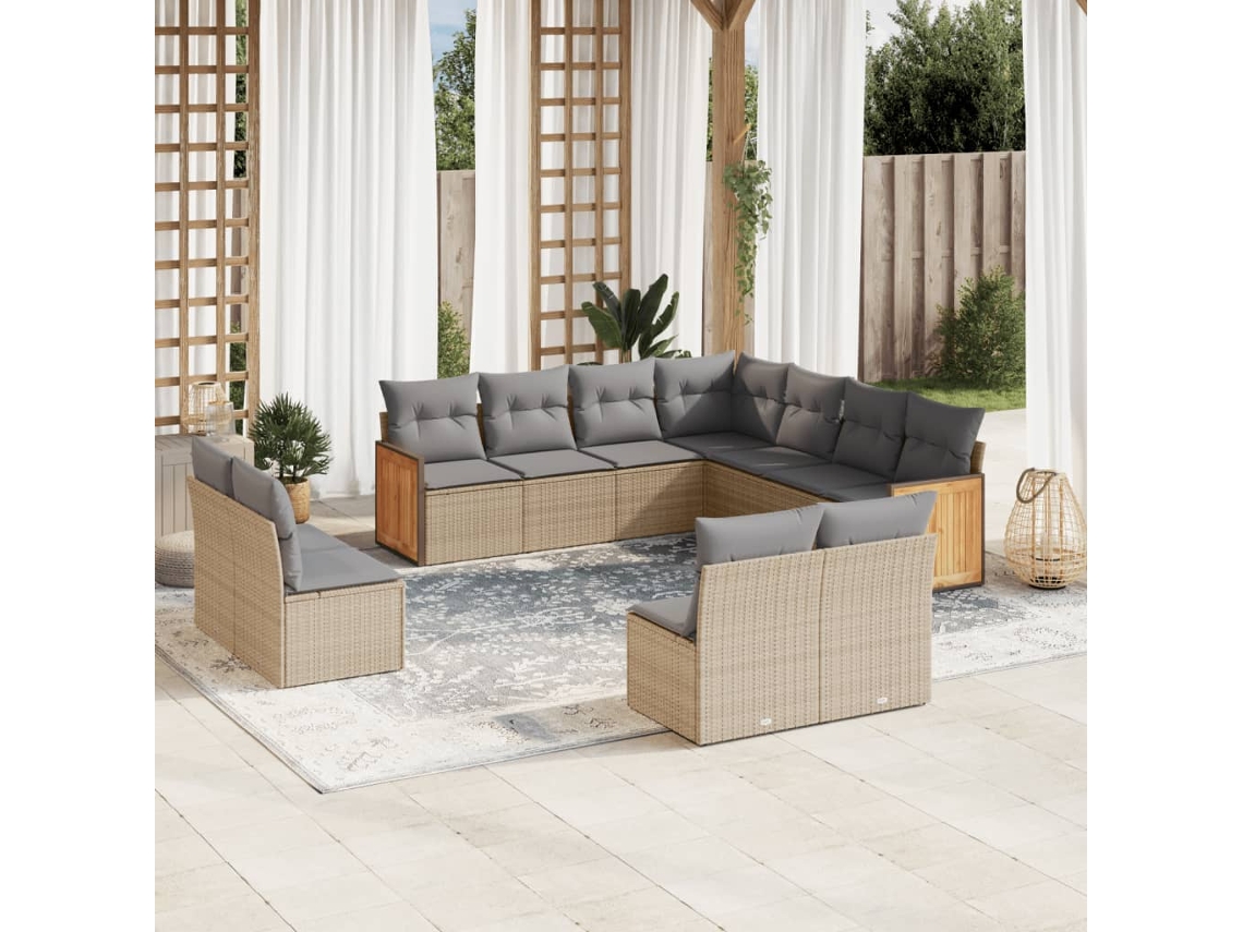 Vidaxl 11 Pcs Conjunto Sofás De Jardim C/ Almofadões Vime Pe Bege