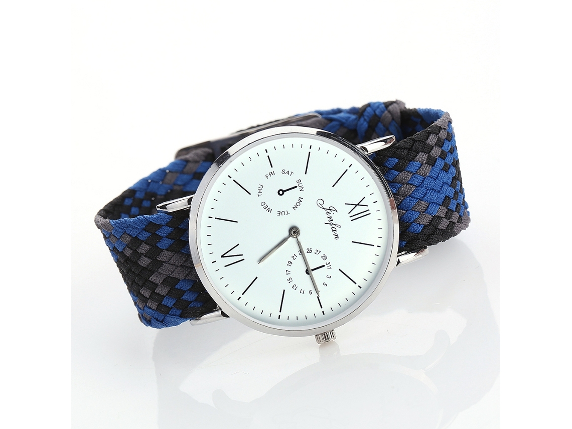 Relógio de Pulso Étnico de Quartzo com Pulseira Tecida Unissex Estilo Moderno (azul Cinza)