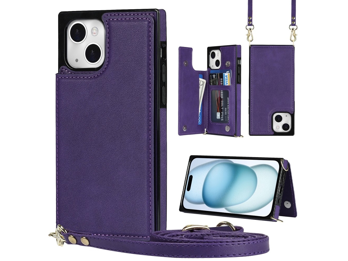 Suporte Casa Bloqueio Rfid Para Iphone 15 Plus Pele Sintética Anti-choque Roxo
