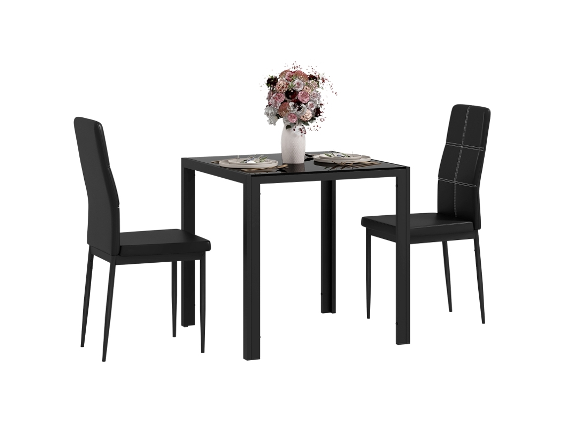 Conjunto De Mesa E Cadeiras Para 2 Pessoas Com Tampo De Vidro Retangular,ideal Para Cozinha E Sala De Estar,na Cor Preta