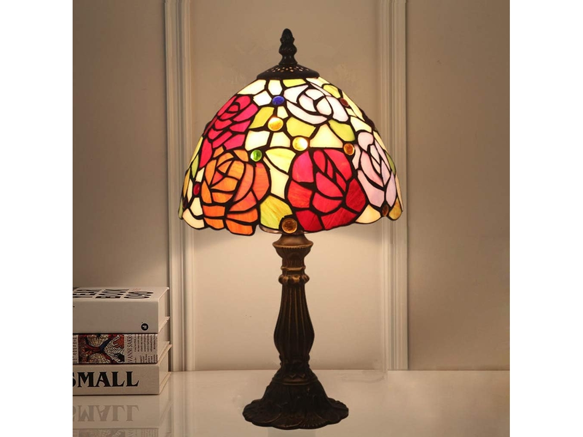 Abajur De Mesa Tiffany Pastoral Antique Feito À Mão Com Cúpula Vidro Colorido, 20cm De Altura, Ideal Para Mesa De