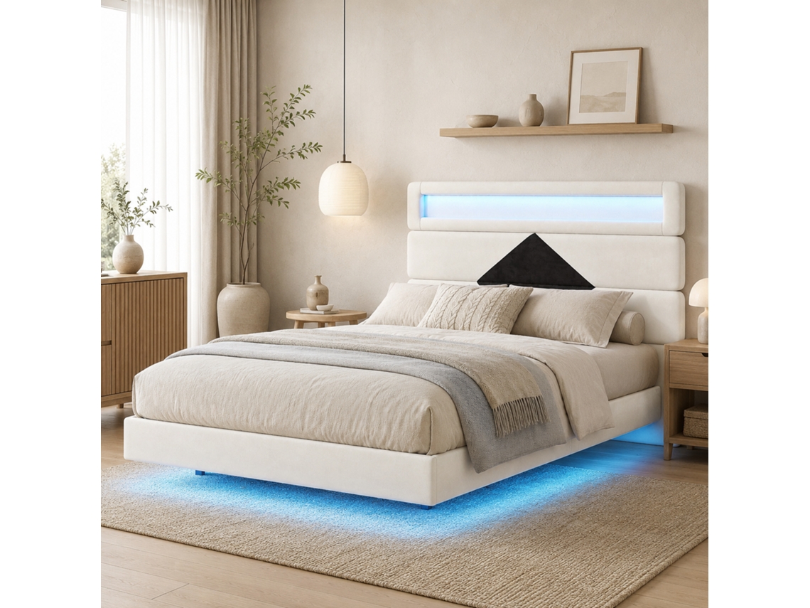 Cama Estofada 140 X 190 Cm, Cama De Casal Com Cabeceira Ajustável Em Losango, Cama Suspensa Com Iluminação Led E 2 Portas Usb, Veludo Bege