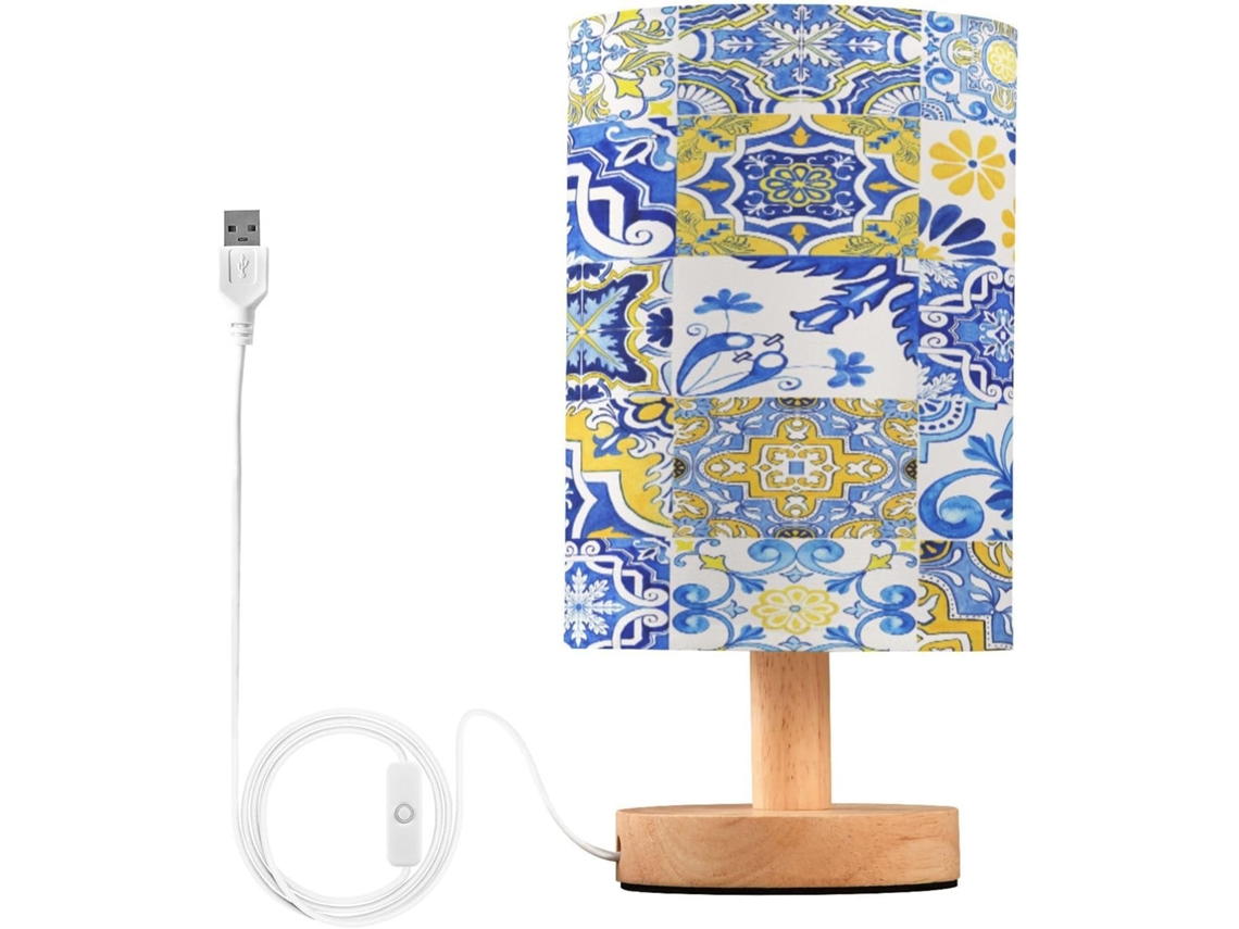 Mesa de LED com base em patchwork azul, cúpula texana, base de madeira e porta USB, ideal para sala de estar e quarto.