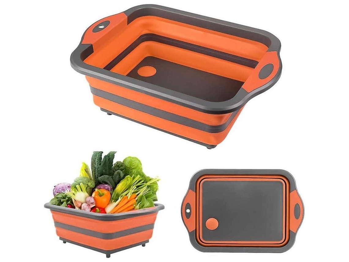 Bandeja de cozinha dobrável multifuncional 4 em 1 Rebe, tábua de corte e própria para lava-louças, 8L, PP+TPR, laranja e verde