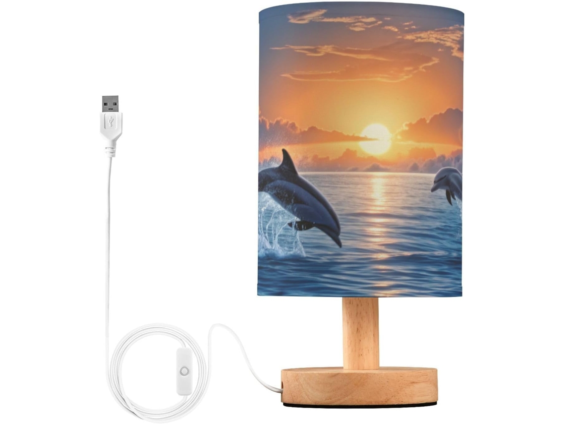Abajur De Cabeceira Com Golfinho Saltando, Luminária De Cabeceira Led, Luminária De Leitura Com Portas Usb E Cúpula