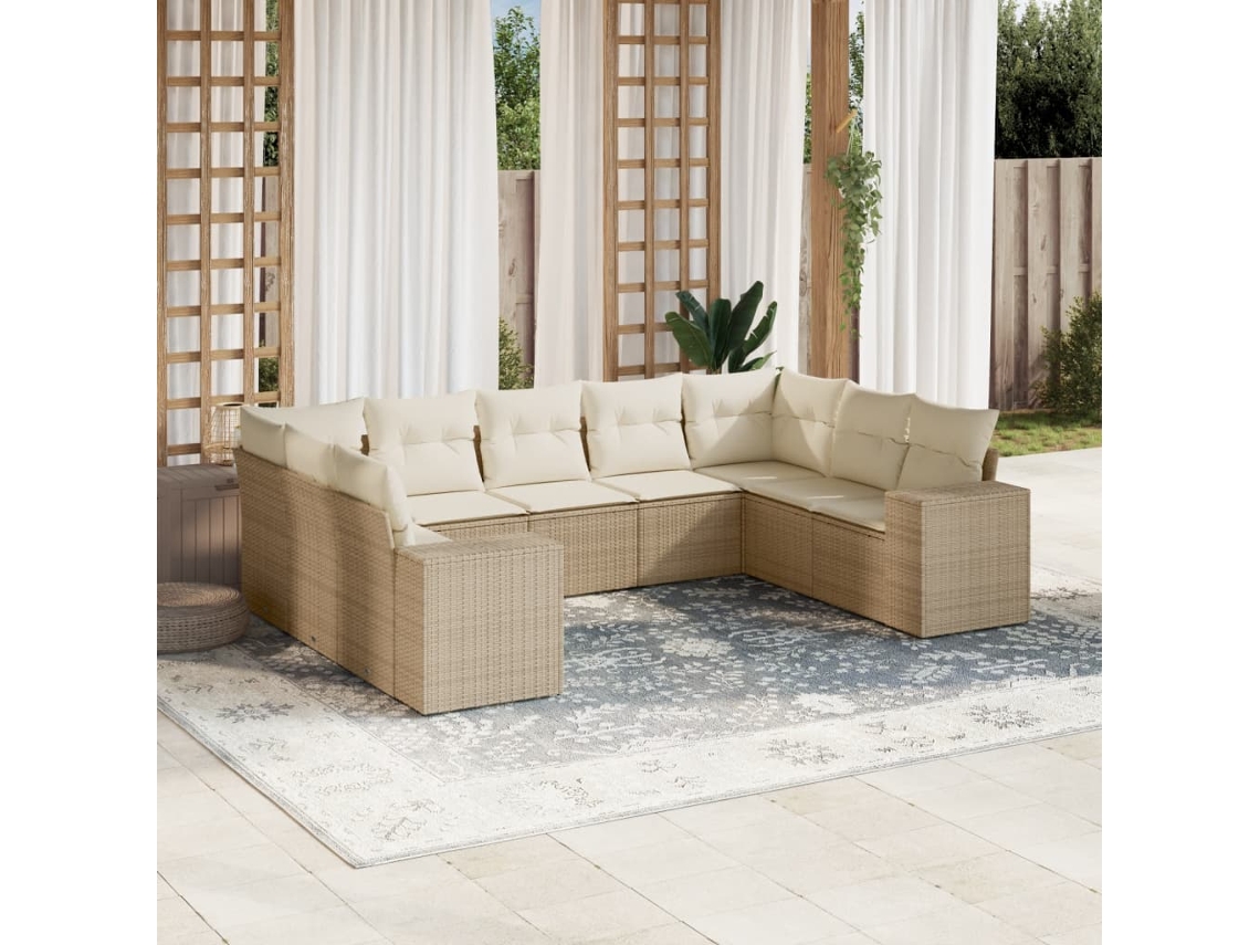 Vidaxl 9 Pcs Conjunto De Sofás P/ Jardim Com Almofadões Vime Pe Bege