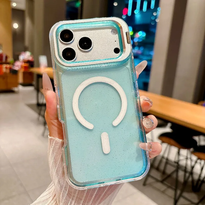 Capa Para Iphone 16 Azul Com Carregamento Sem Fio E Suporte Para Lente.