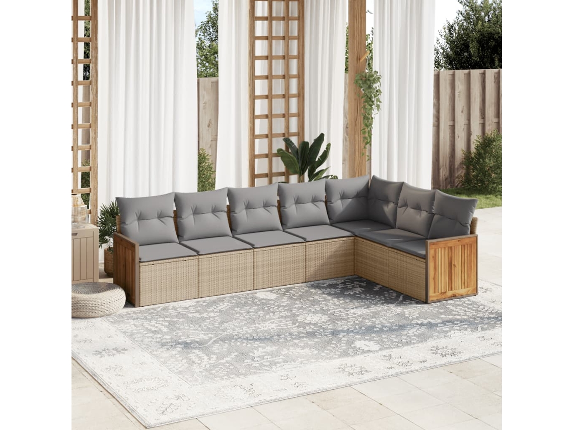 Vidaxl 7 Pcs Conjunto De Sofás P/ Jardim Com Almofadões Vime Pe Bege