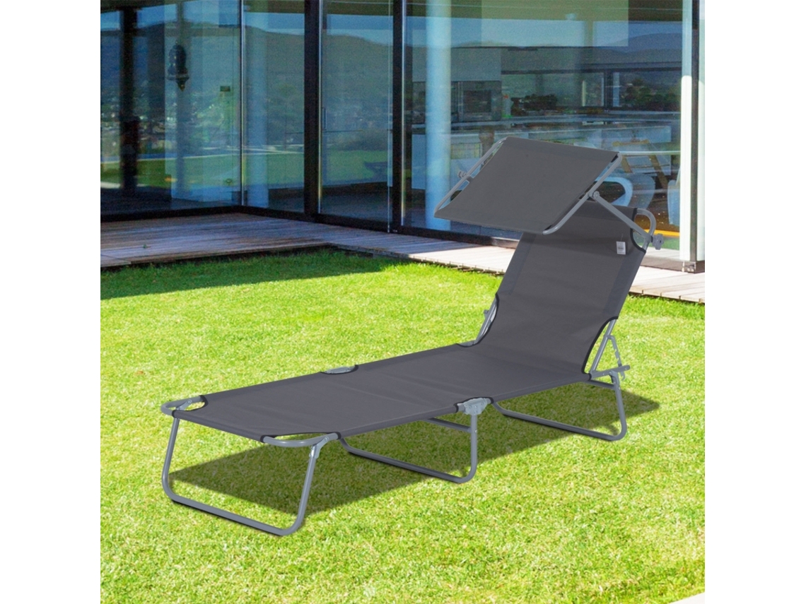 Espreguiçadeira Dobrável Com Proteção Solar, Encosto 4 Posições, Até 120 Kg, Jardim Varanda Piscina, Cor Cinza