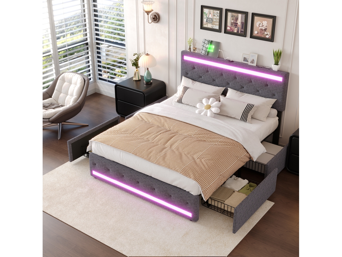Cama De Casal 140x190 Cm Com Led E 4 Gavetas, Cama Estofada Em Tecido Linho Cinzento, Estrutura Metálica Com Arrumação, Sem Colchão