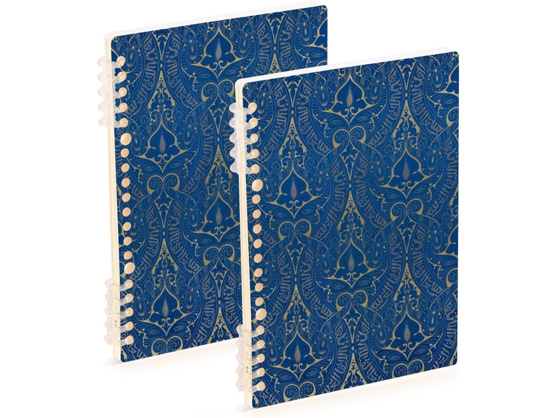 Conjunto de 2 Cadernos Espiral A5, Estampa Vintage Azul e Dourada, 21,1 X 14,5 Cm, Capa Dura, 60 Folhas Pautad