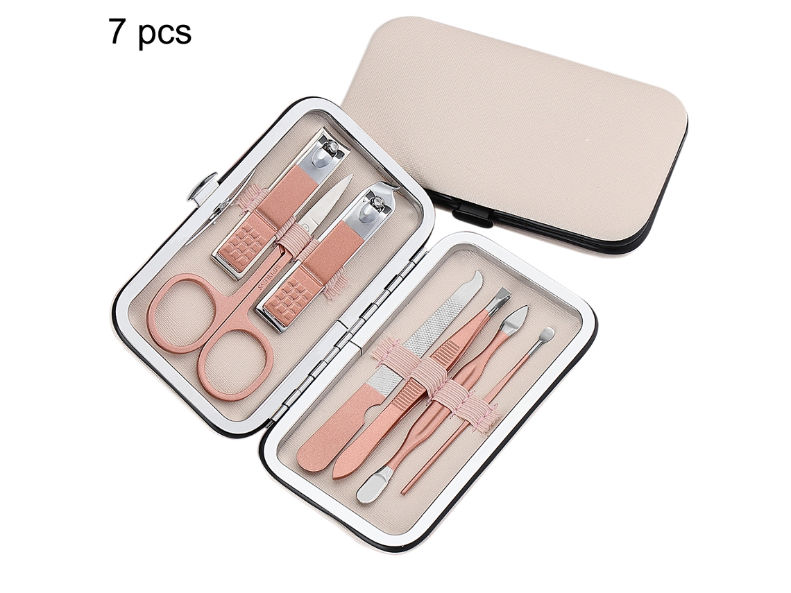 Set De Tesouras De Unhas 7 Em 1 De Aço Inoxidável Portátil Com Estojo Para Manicure E Pedicure Ouro Rosa