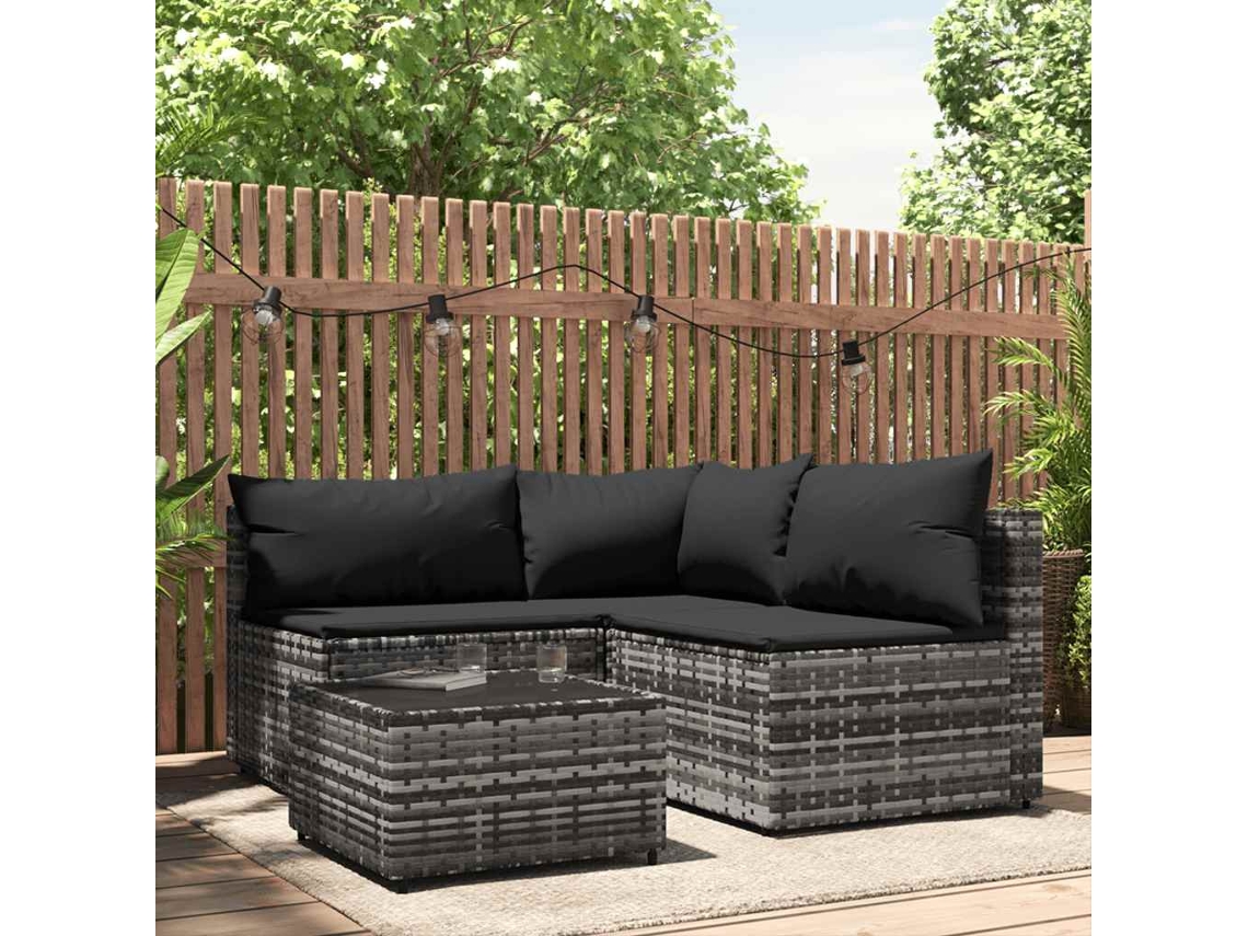 Vidaxl 4 Pcs Conjunto Lounge De Jardim C/ Almofadões Vime Pe Cinzento