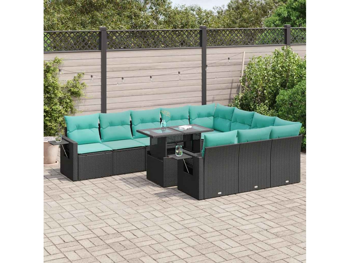 Vidaxl 11 Pcs Conjunto Sofás Jardim C/ Almofadões Vime Pe/acácia Preto