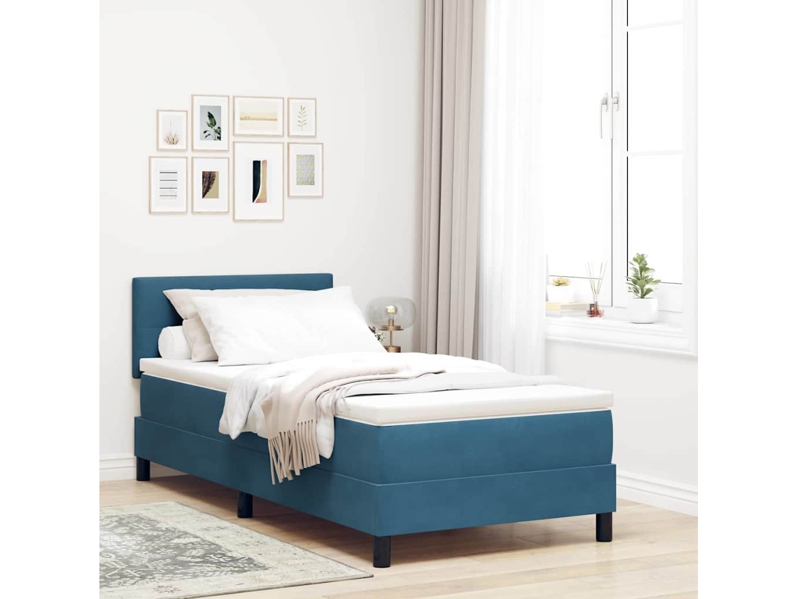 Vidaxl Cama Box Spring Led Azul Escuro 90 X 190 Cm Veludo