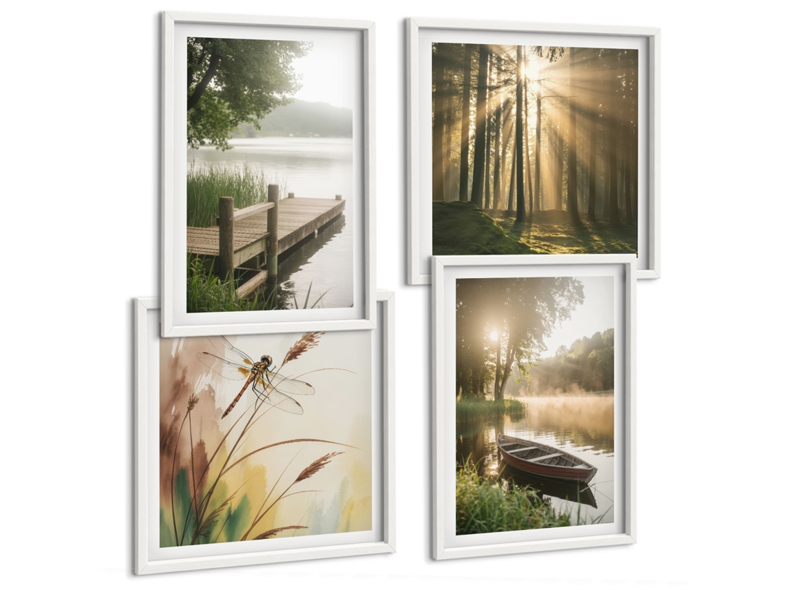 Composição De Quadros Paisagens Florestais Natureza Tranquilidade Espelharte (4 Peças)
