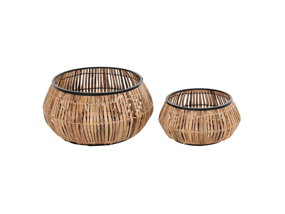 Conjunto de 2 Vasos de Metal com Acabamento em Rattan Natural, 50x50x25,4cm ALEXANDRA HOUSE LIVING