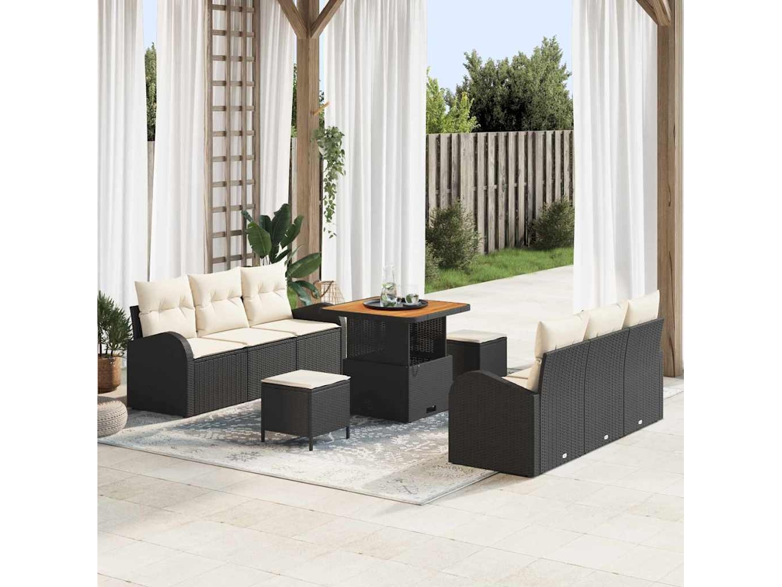 Vidaxl Conjunto De Sofá De Jardim Com Almofada 9 Pcs Preto Vime Pe