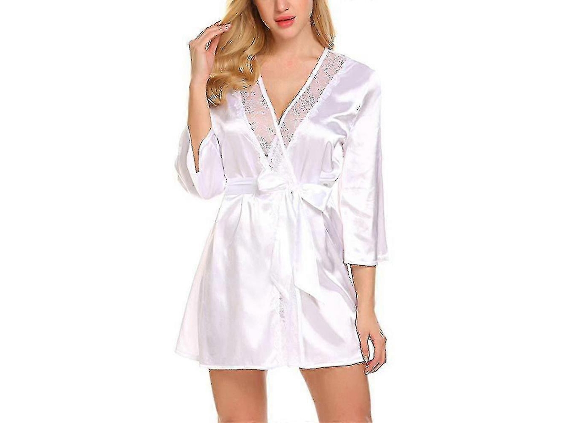 Mulher Roupa De Banho E Noite Seda Transparente Manga Longa Com Cinto
