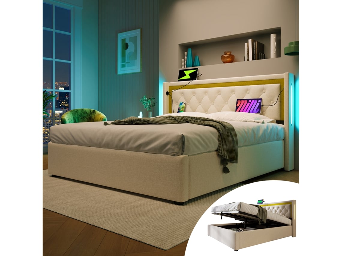 Cama Estofada 140x200 Cm, Led, Usb-c, Algodão, Arrumação