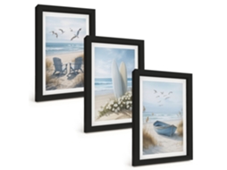 Um Conjunto De Imagens Decorativas Em Uma Moldurapraia, Pranchas De Surfe, Pássaros Moldura Preta Pinturas De Quarto Espelharte (3 Peças 20x30 Cm)