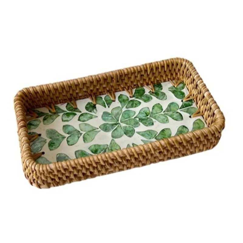 Bandeja de Armazenamento em Rattan Verde Trançado, Tamanho Médio 22x22x4 Cm, Bandeja Decorativa para Frutas. MDUG