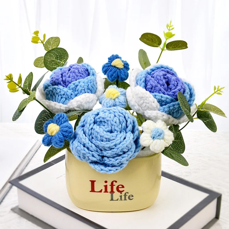 Buquês De Plantas Artificiais Em Vasos, Feitos Em Crochê, Perfeitos Para Decoração De Casa E Presentes De Aniversário.