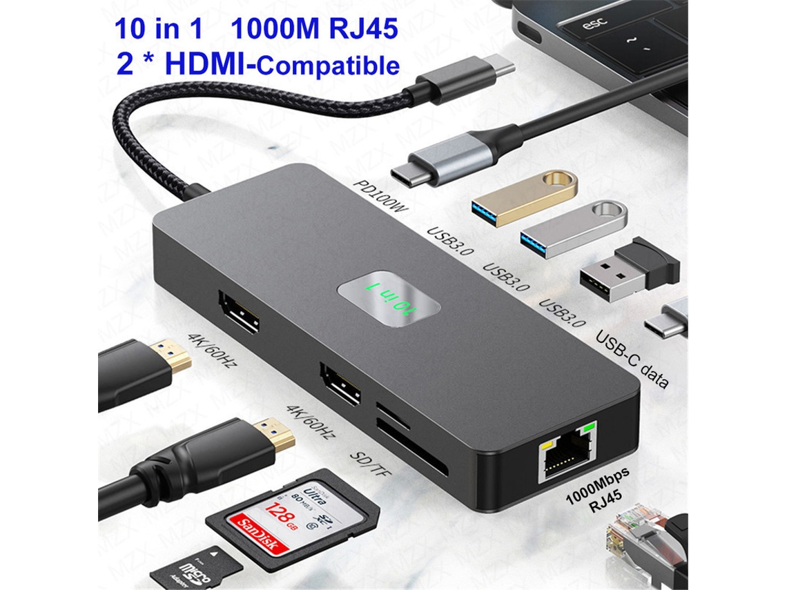 Yizhood Hub 10 em 1 USB 3.2 4k60hz Docking Station Suporte Hdmi DP 3.0 1000m C Tipo Cinza