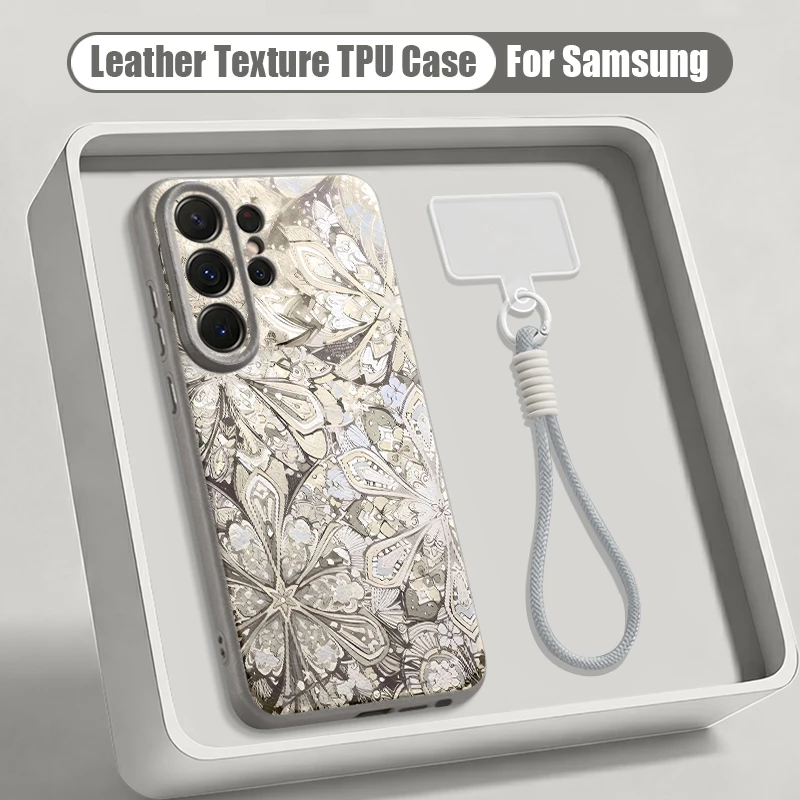 Capa Para Celular Galaxy S24 Com Estampa Floral Retrô, Em Tpu, Com Cordão (cinza).