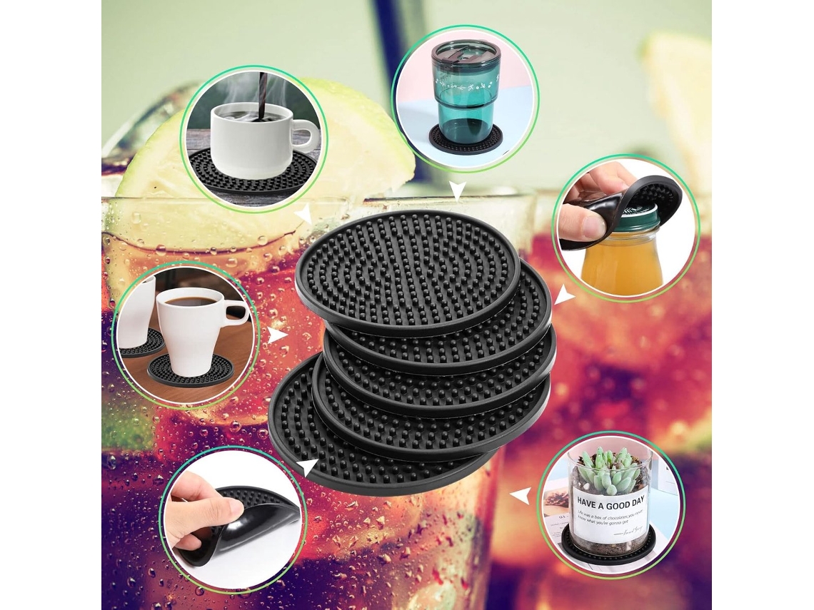 Conjunto De 10 Porta, Copos Pretos De Silicone Espesso(0, 5 Cm), Redondos, Para Canecas E Outras Bebidas. Design Antiderrapante Elevado. Ideais Café