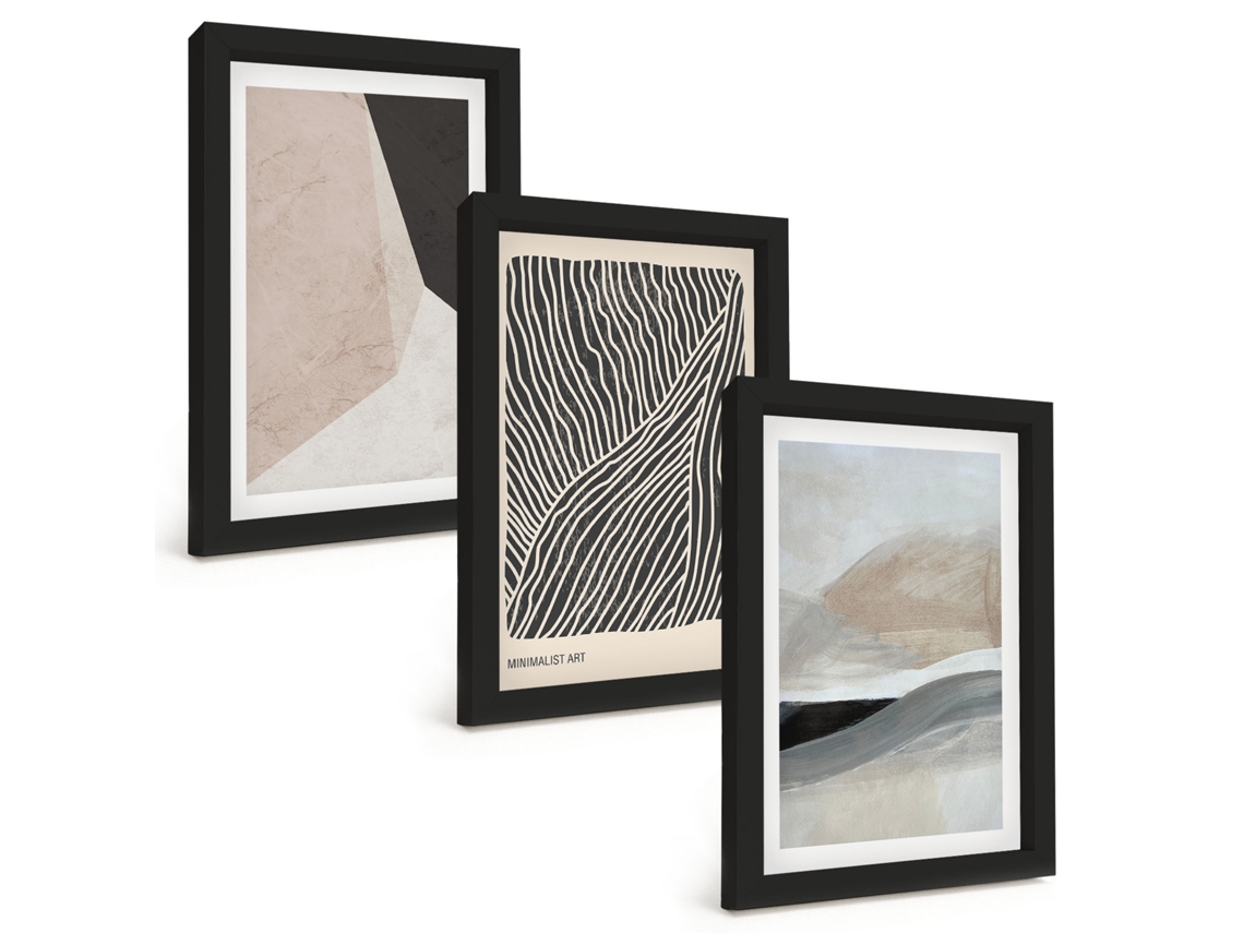 Conjunto De Pinturaspadrões Abstratos Em Bege E Cinza Moldura Preta Quadros Para A Sala De Estar Espelharte (3 Peças 20x30 Cm)