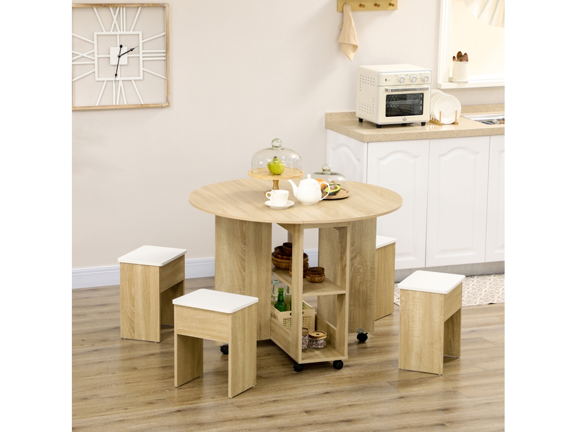 Conjunto De Mesa E Cadeiras 5 Peças Em Agregado, Tábuo Redonda Com 2 Prateleiras Abertas 4 Banquetas Modernas