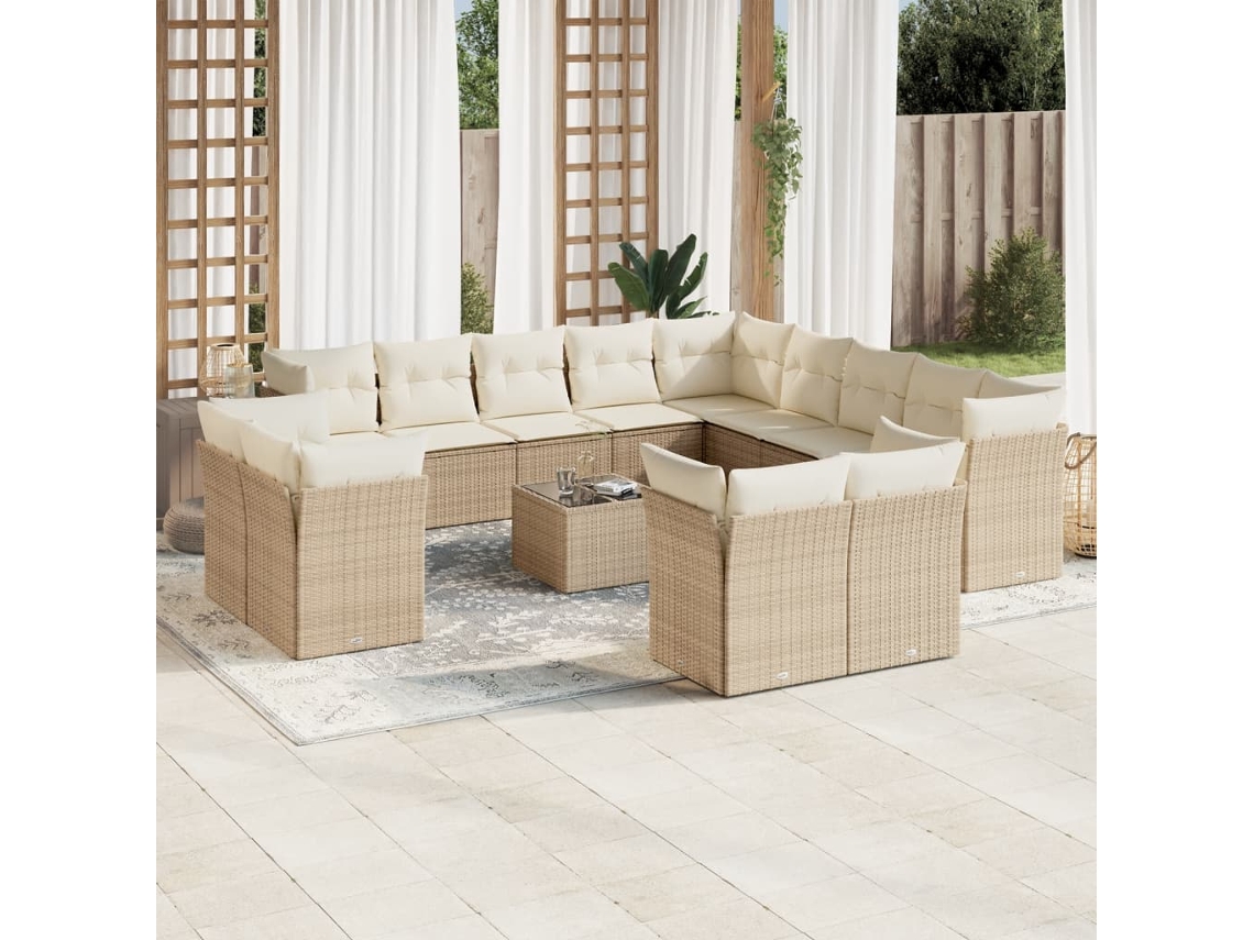 Vidaxl 14 Pcs Conjunto De Sofás P/ Jardim Com Almofadões Vime Pe Bege