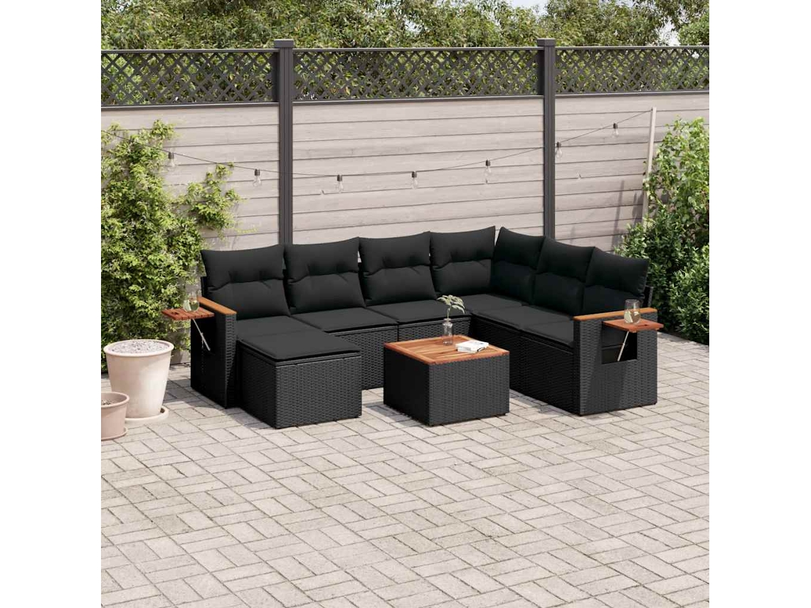 Vidaxl 8 Pcs Conjunto Sofás De Jardim Com Almofadões Vime Pe Preto