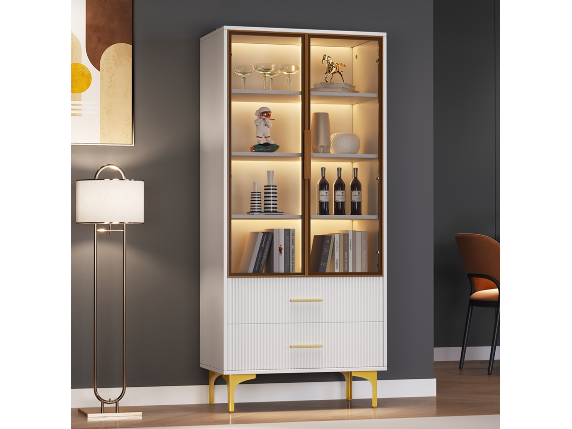 Vitrine 70x35x150cm, 2 Portas Vidro, Pernas Douradas, Led App. Ge