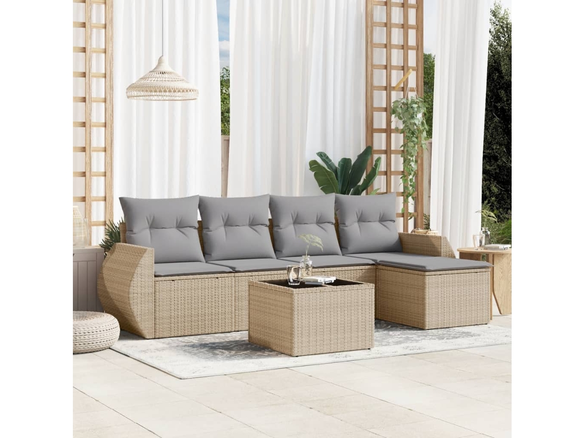 Vidaxl 6 Pcs Conjunto De Sofás P/ Jardim Com Almofadões Vime Pe Bege