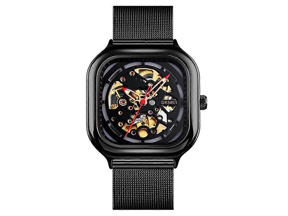 Relógio mecânico automático masculino Skmei 9184 com pulseira de malha e turbilhão quadrado vazado para estudantes, Hengrongshen (preto)