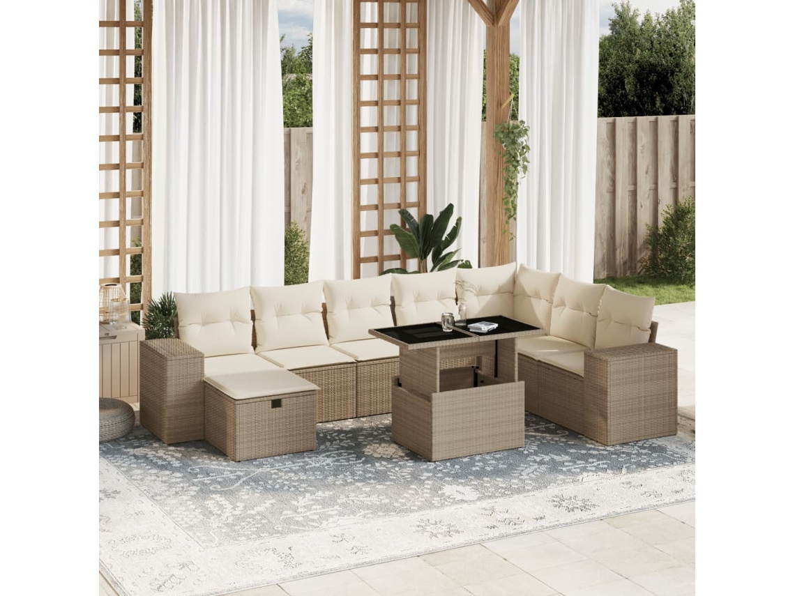 Vidaxl 9 Pcs Conjunto De Sofás P/ Jardim Com Almofadões Vime Pe Bege